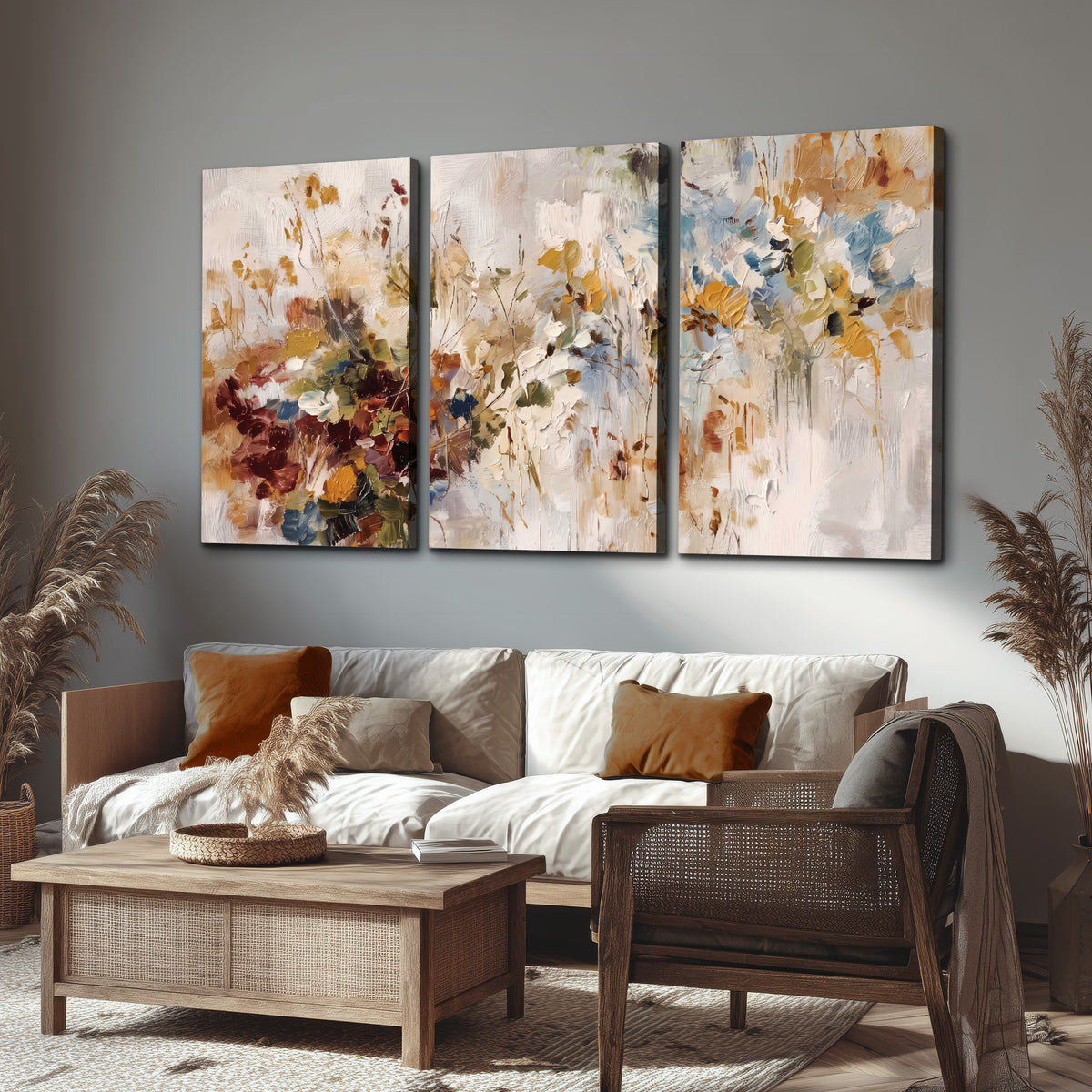 Loose cream, ochre and rust floral shapes with expressive painted-style marks 3 piece canvas wall art displayed in a rustic living room