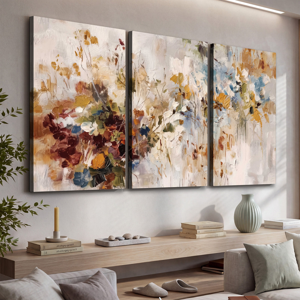 Loose cream, ochre and rust floral shapes with expressive painted-style marks 3 piece canvas wall art displayed in a console