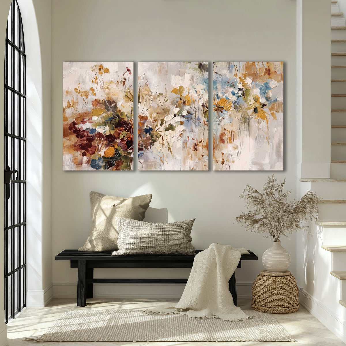 Loose cream, ochre and rust floral shapes with expressive painted-style marks 3 piece canvas wall art displayed in a entryway