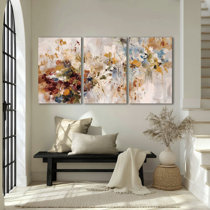 Loose cream, ochre and rust floral shapes with expressive painted-style marks 3 piece canvas wall art displayed in a entryway