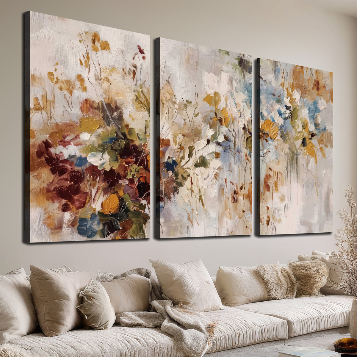 Loose cream, ochre and rust floral shapes with expressive painted-style marks 3 piece canvas wall art room and product view