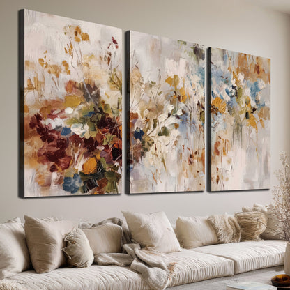 Loose cream, ochre and rust floral shapes with expressive painted-style marks 3 piece canvas wall art room and product view