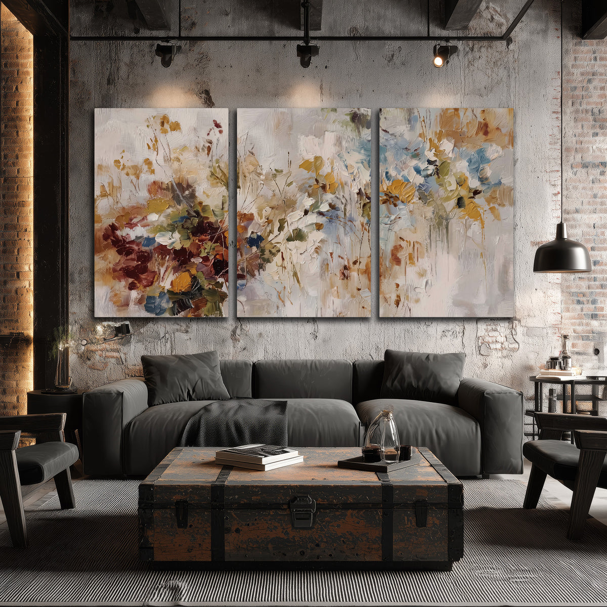 Loose cream, ochre and rust floral shapes with expressive painted-style marks 3 piece canvas wall art displayed in a industrial room