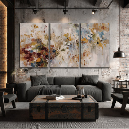 Loose cream, ochre and rust floral shapes with expressive painted-style marks 3 piece canvas wall art displayed in a industrial room