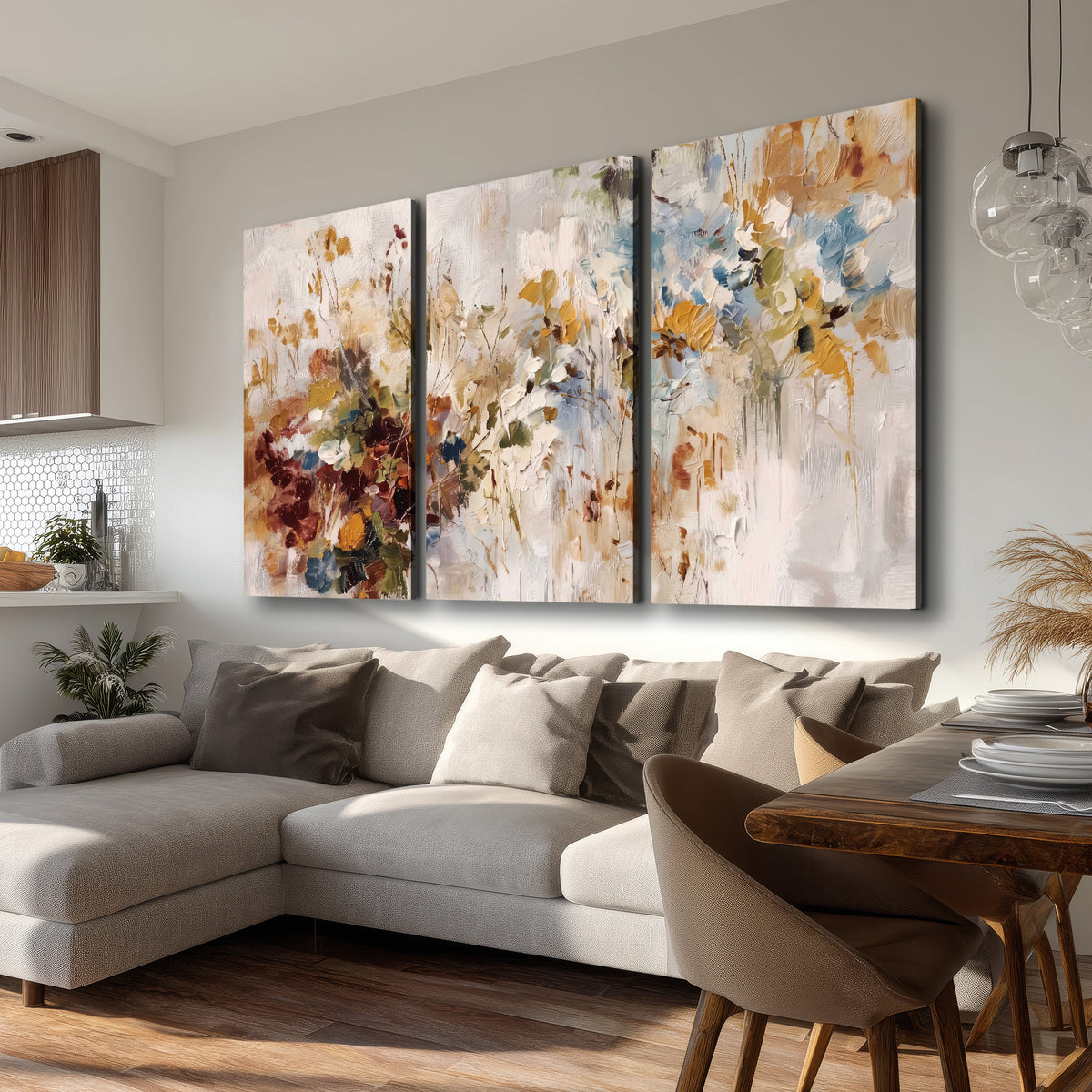 Loose cream, ochre and rust floral shapes with expressive painted-style marks 3 piece canvas wall art room and product view