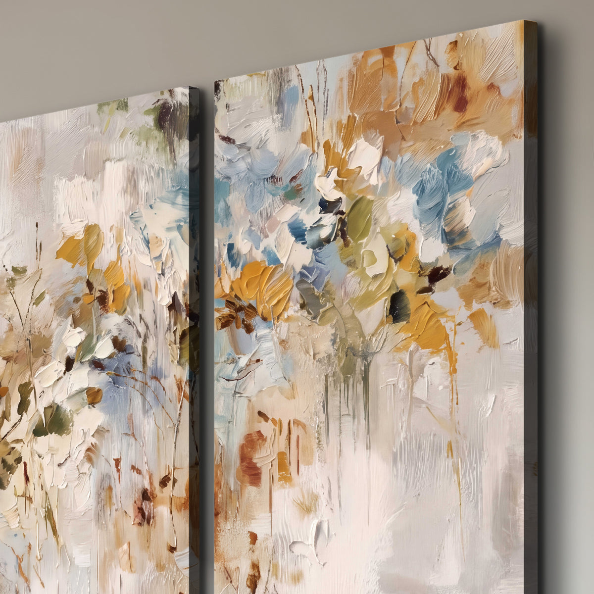 Loose cream, ochre and rust floral shapes with expressive painted-style marks 3 piece canvas wall art room and product view