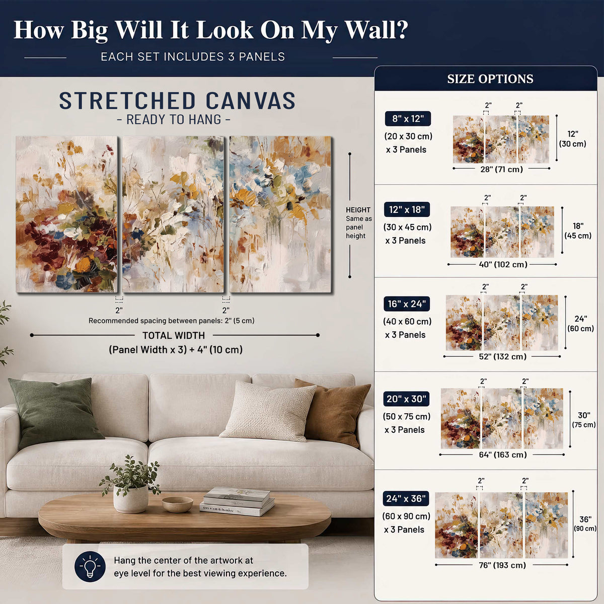 Loose cream, ochre and rust floral shapes with expressive painted-style marks 3 piece canvas wall art size guide above a sofa; room view is illustrative