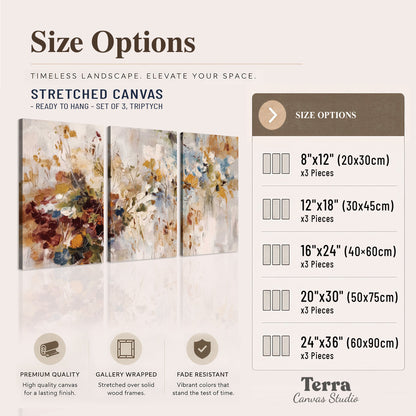 Loose cream, ochre and rust floral shapes with expressive painted-style marks 3 piece canvas wall art available dimensions; triptych dimensions are per panel