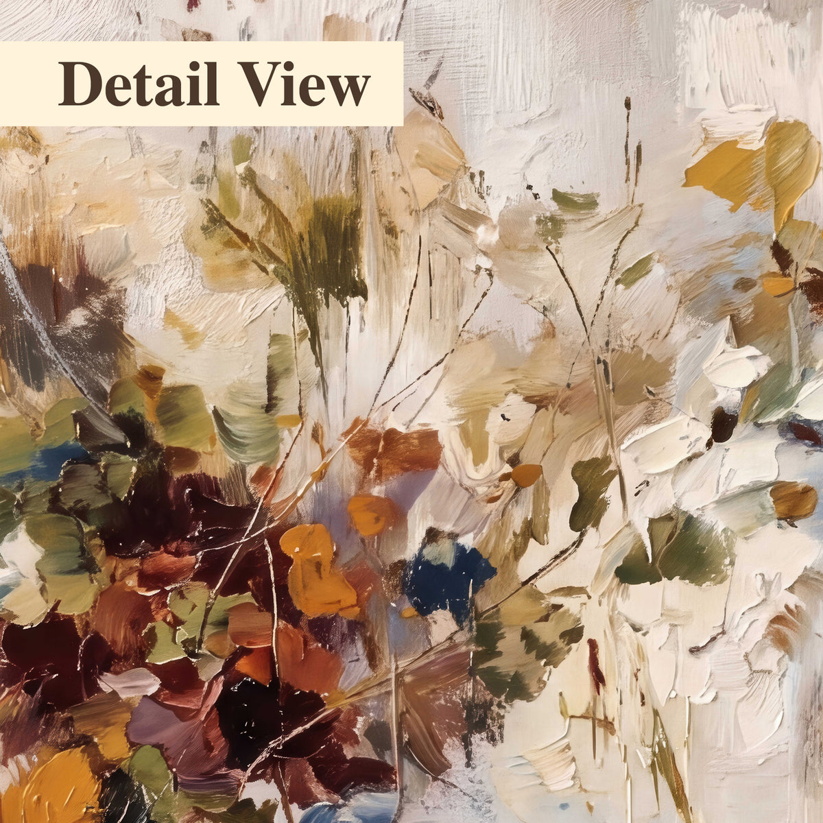 Loose cream, ochre and rust floral shapes with expressive painted-style marks 3 piece canvas wall art artwork detail close up