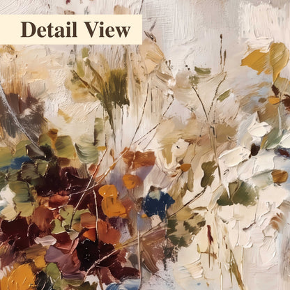 Loose cream, ochre and rust floral shapes with expressive painted-style marks 3 piece canvas wall art artwork detail close up