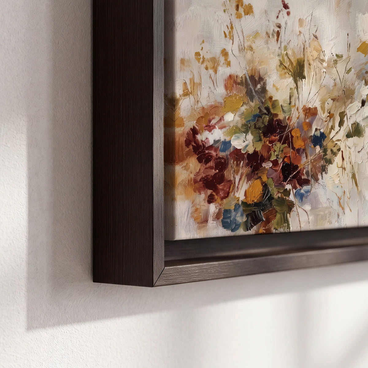 Loose cream, ochre and rust floral shapes with expressive painted-style marks 3 piece framed canvas wall art material and edge close up