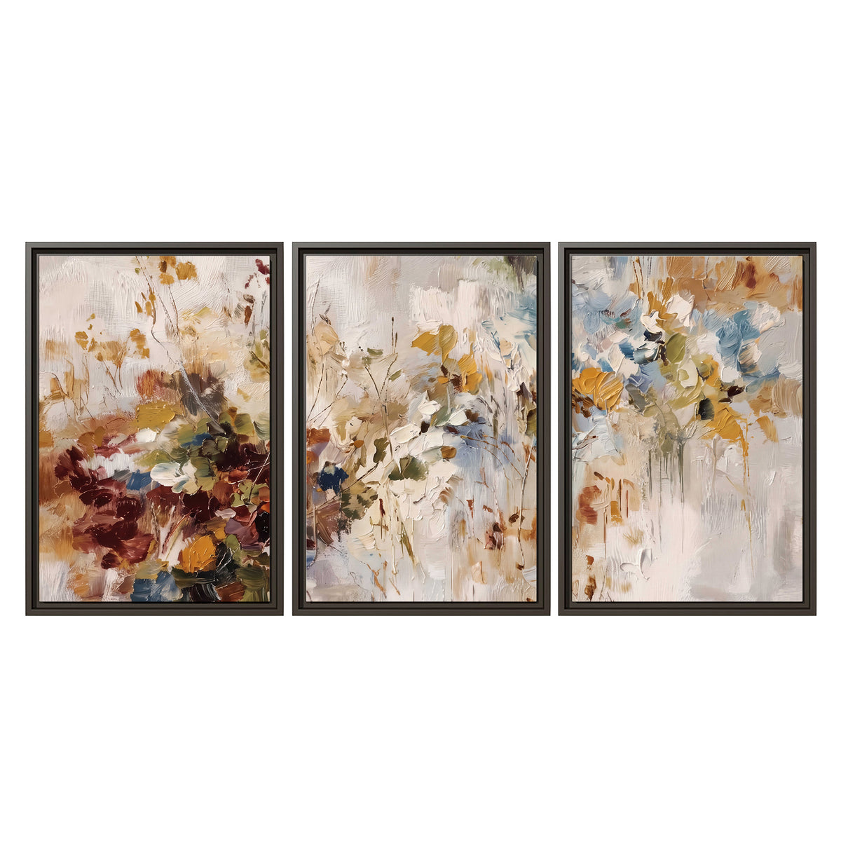 Loose cream, ochre and rust floral shapes with expressive painted-style marks 3 piece framed canvas wall art viewed straight on