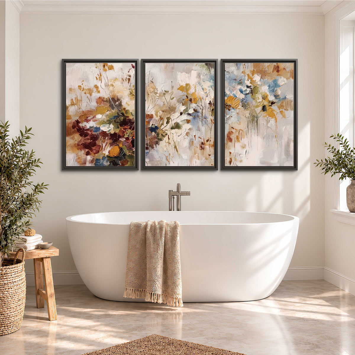 Loose cream, ochre and rust floral shapes with expressive painted-style marks 3 piece framed canvas wall art styled in an interior