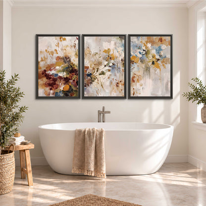 Loose cream, ochre and rust floral shapes with expressive painted-style marks 3 piece framed canvas wall art styled in an interior