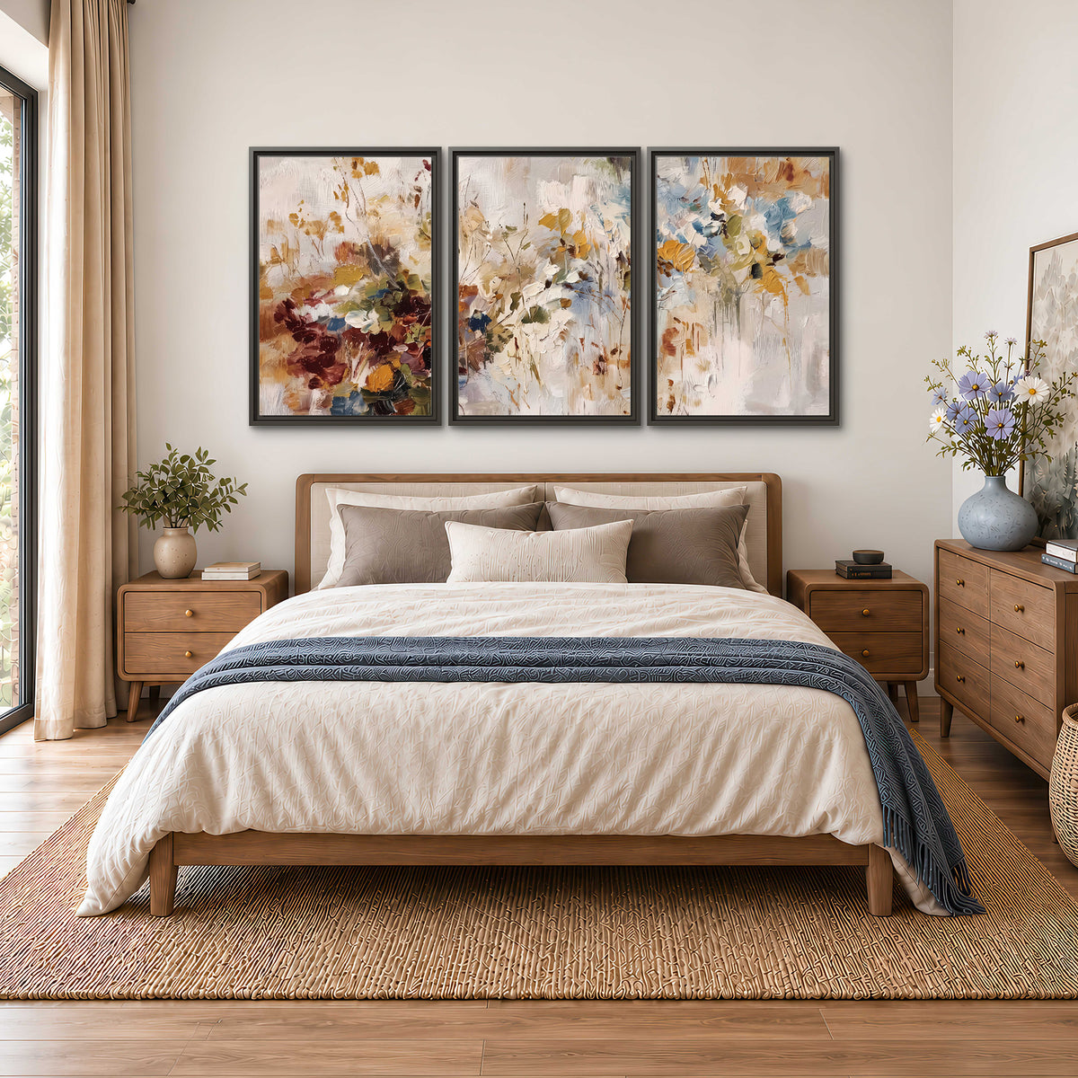 Loose cream, ochre and rust floral shapes with expressive painted-style marks 3 piece framed canvas wall art styled in an interior