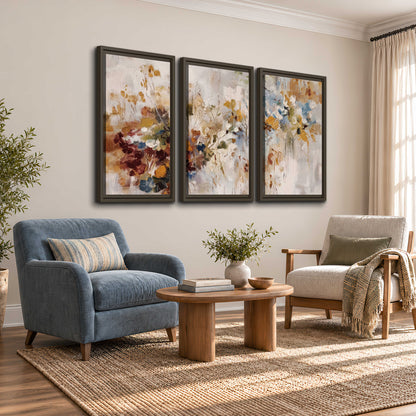 Loose cream, ochre and rust floral shapes with expressive painted-style marks 3 piece framed canvas wall art styled in an interior