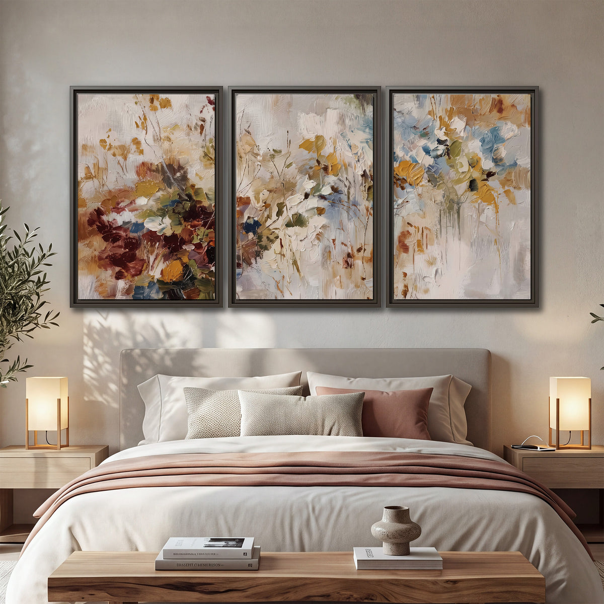 Loose cream, ochre and rust floral shapes with expressive painted-style marks 3 piece framed canvas wall art displayed in a bedroom