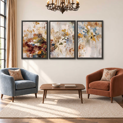 Loose cream, ochre and rust floral shapes with expressive painted-style marks 3 piece framed canvas wall art styled in an interior
