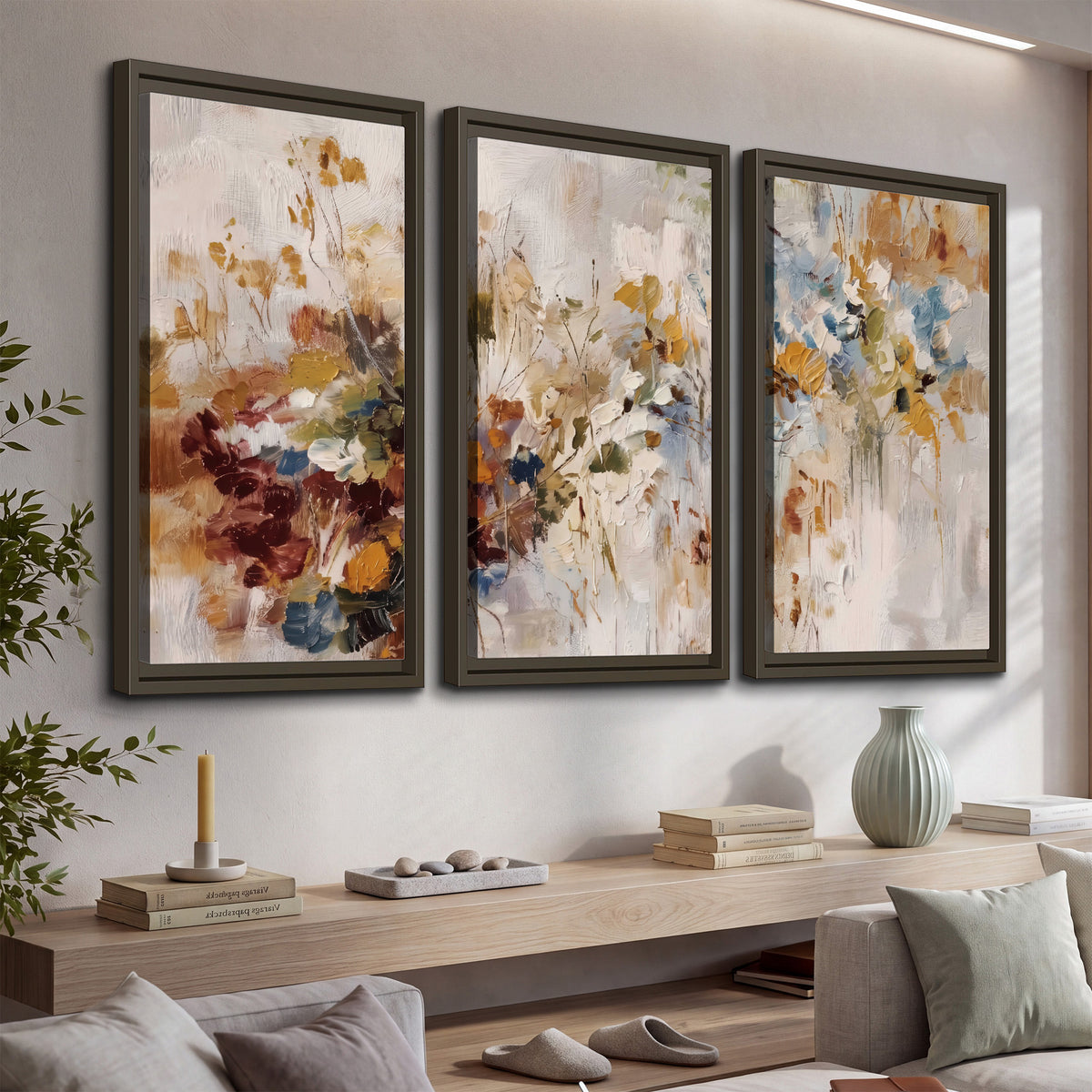 Loose cream, ochre and rust floral shapes with expressive painted-style marks 3 piece framed canvas wall art displayed in a console