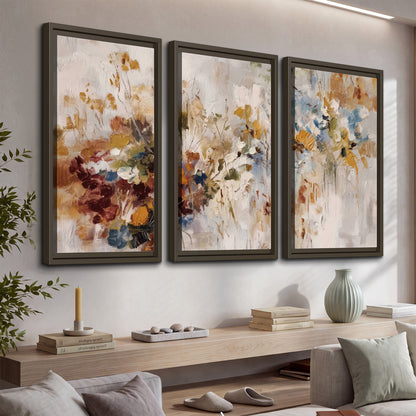 Loose cream, ochre and rust floral shapes with expressive painted-style marks 3 piece framed canvas wall art displayed in a console