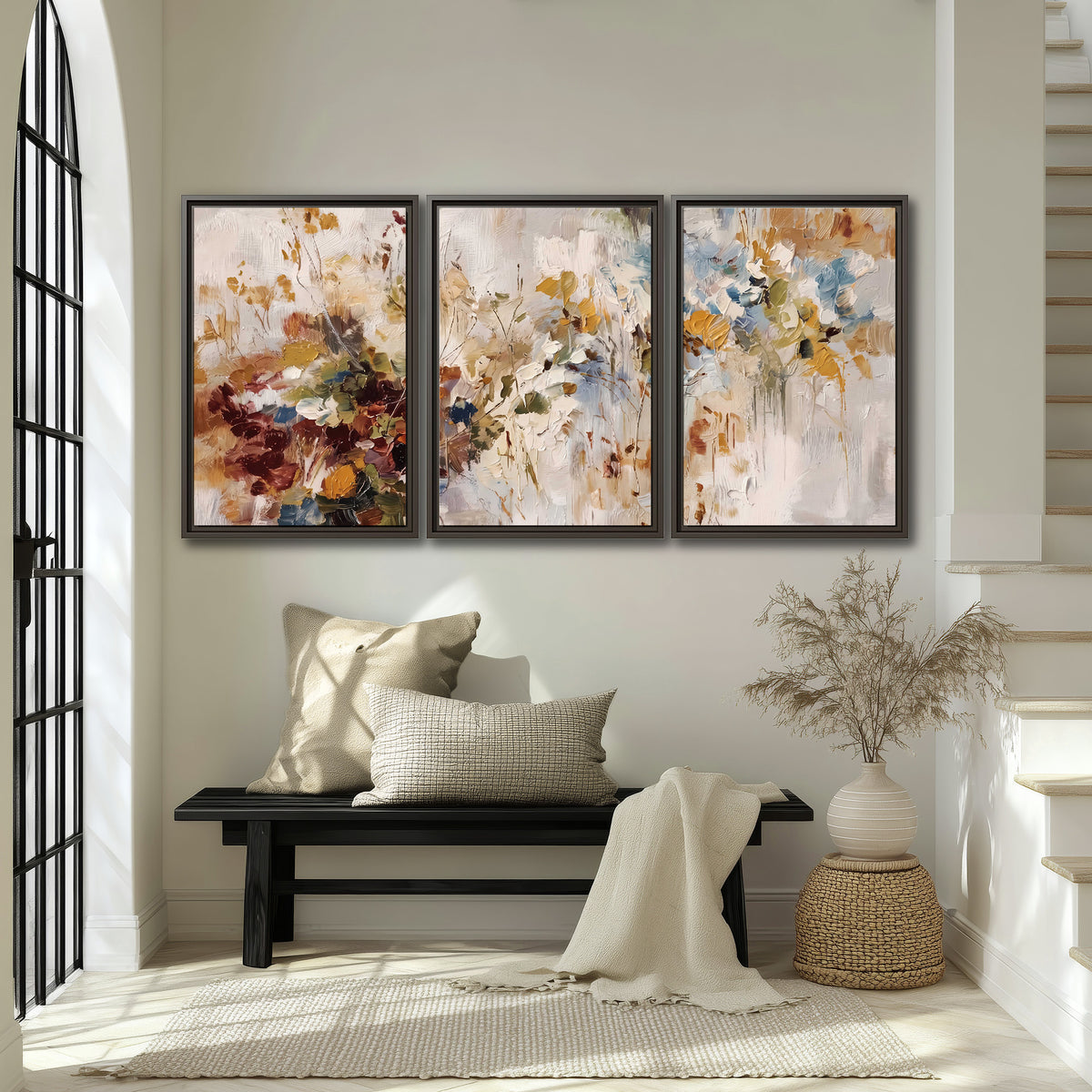 Loose cream, ochre and rust floral shapes with expressive painted-style marks 3 piece framed canvas wall art displayed in a entryway