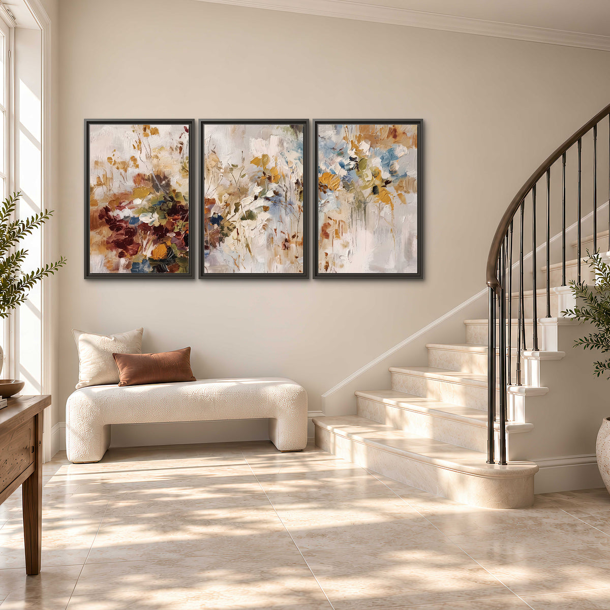 Loose cream, ochre and rust floral shapes with expressive painted-style marks 3 piece framed canvas wall art styled in an interior