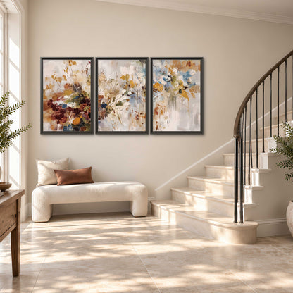 Loose cream, ochre and rust floral shapes with expressive painted-style marks 3 piece framed canvas wall art styled in an interior