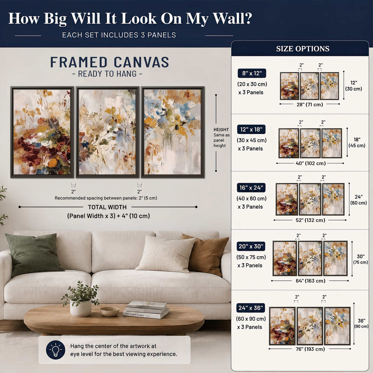 Loose cream, ochre and rust floral shapes with expressive painted-style marks 3 piece framed canvas wall art size guide above a sofa; room view is illustrative