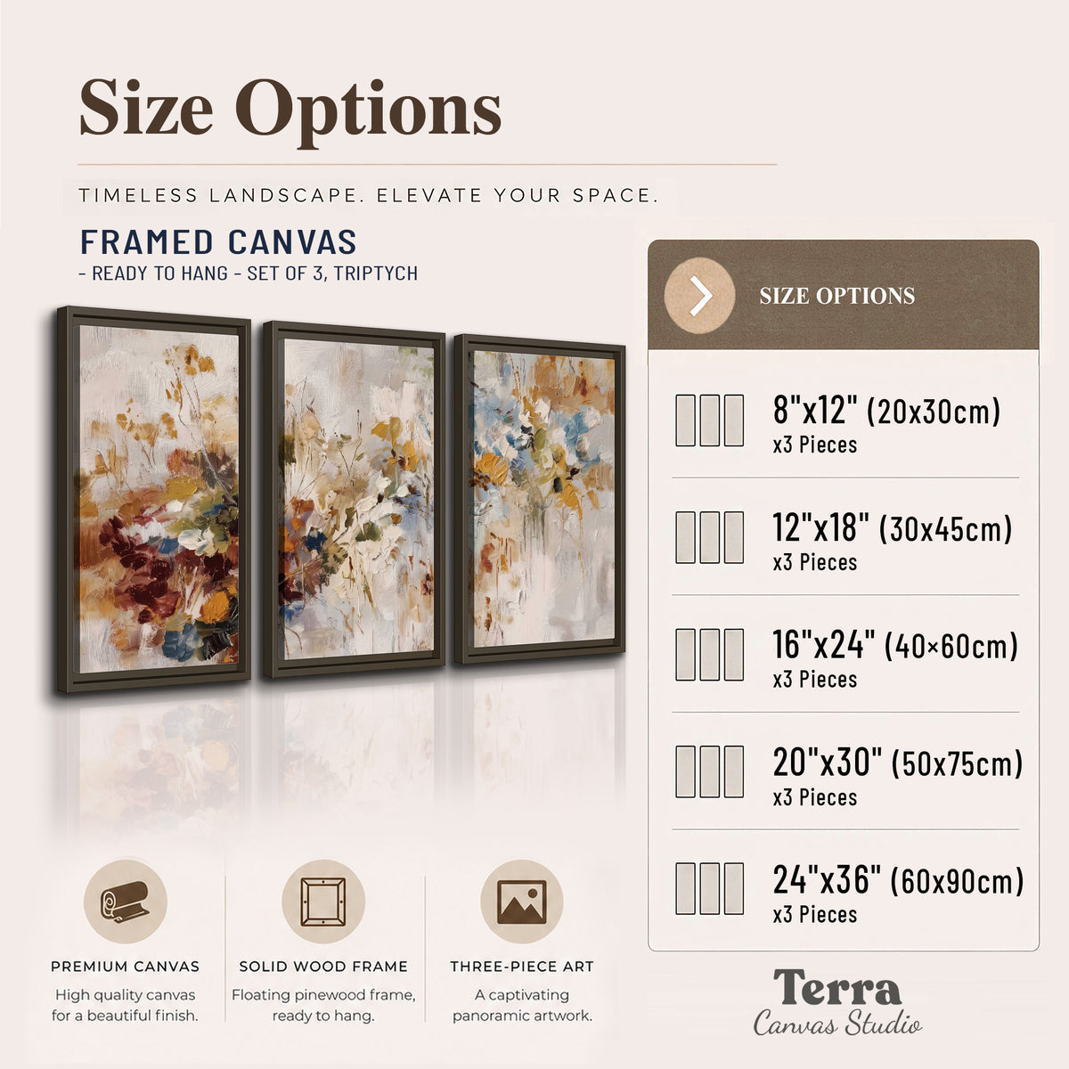 Loose cream, ochre and rust floral shapes with expressive painted-style marks 3 piece framed canvas wall art available dimensions; triptych dimensions are per panel