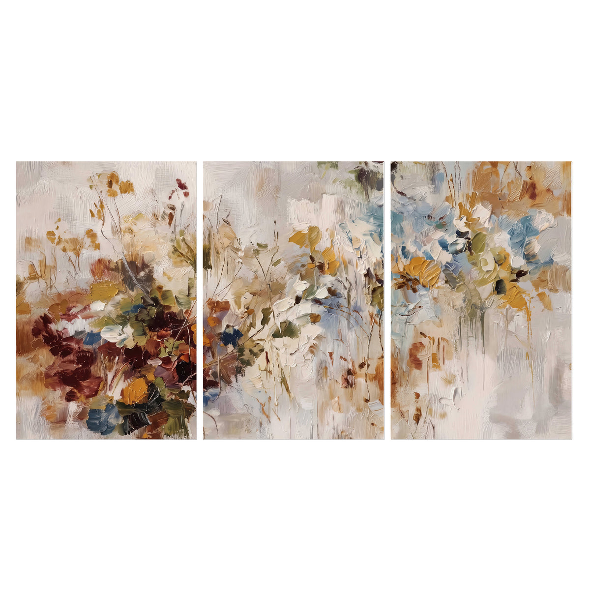 Loose cream, ochre and rust floral shapes with expressive painted-style marks set of 3 poster prints viewed straight on