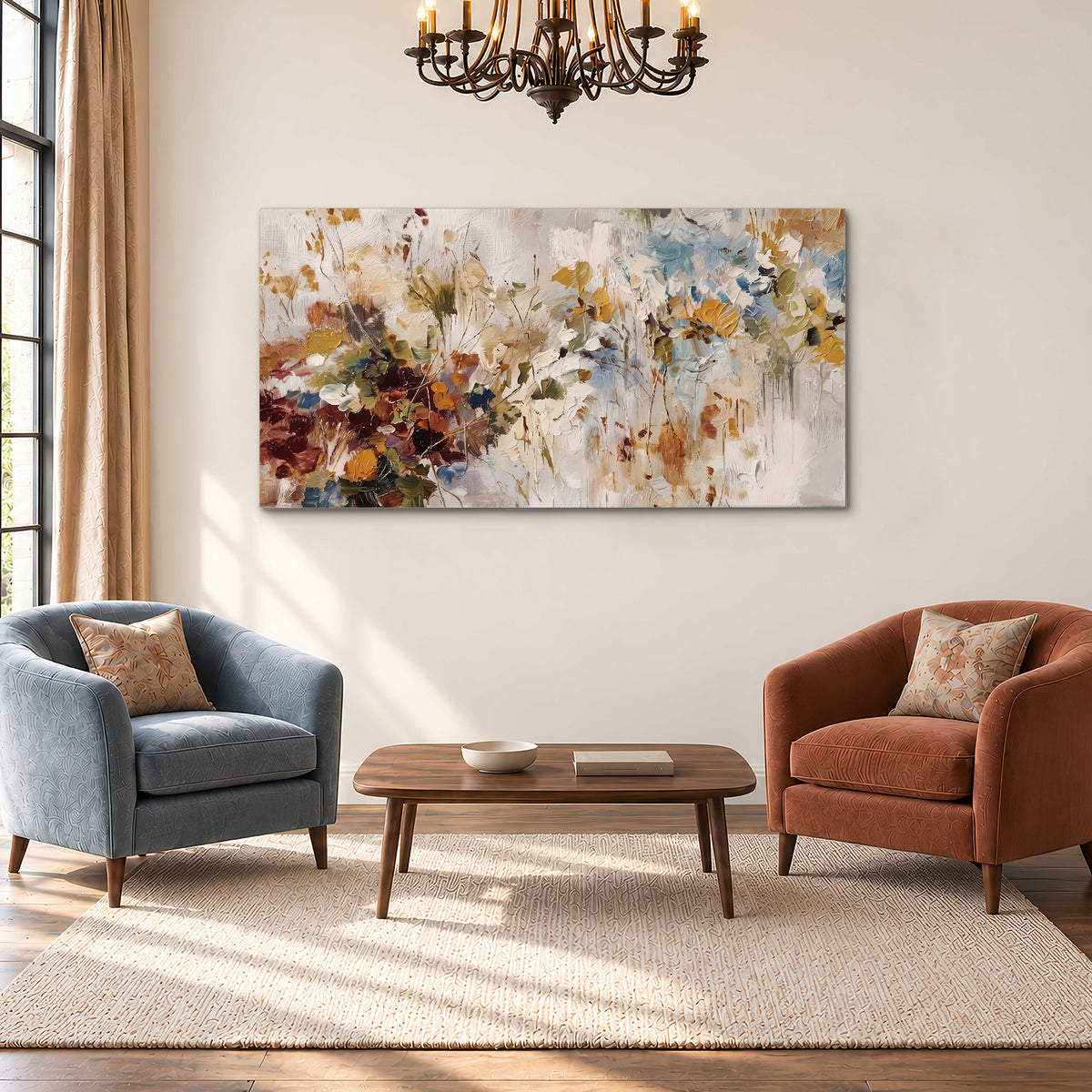 Loose cream, ochre and rust floral shapes with expressive painted-style marks single canvas wall art styled in an interior
