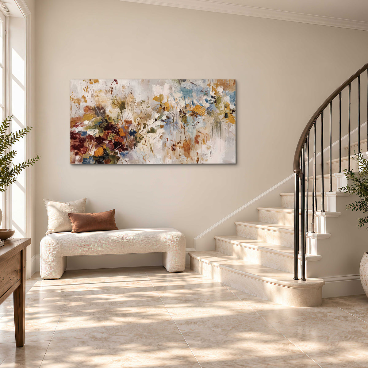 Loose cream, ochre and rust floral shapes with expressive painted-style marks single canvas wall art styled in an interior