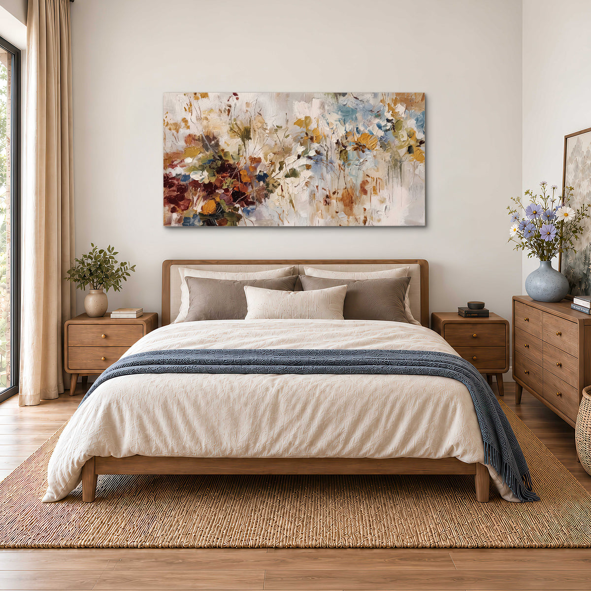Loose cream, ochre and rust floral shapes with expressive painted-style marks single canvas wall art styled in an interior
