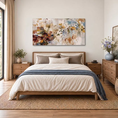 Loose cream, ochre and rust floral shapes with expressive painted-style marks single canvas wall art styled in an interior