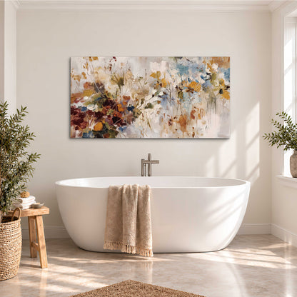 Loose cream, ochre and rust floral shapes with expressive painted-style marks single canvas wall art styled in an interior