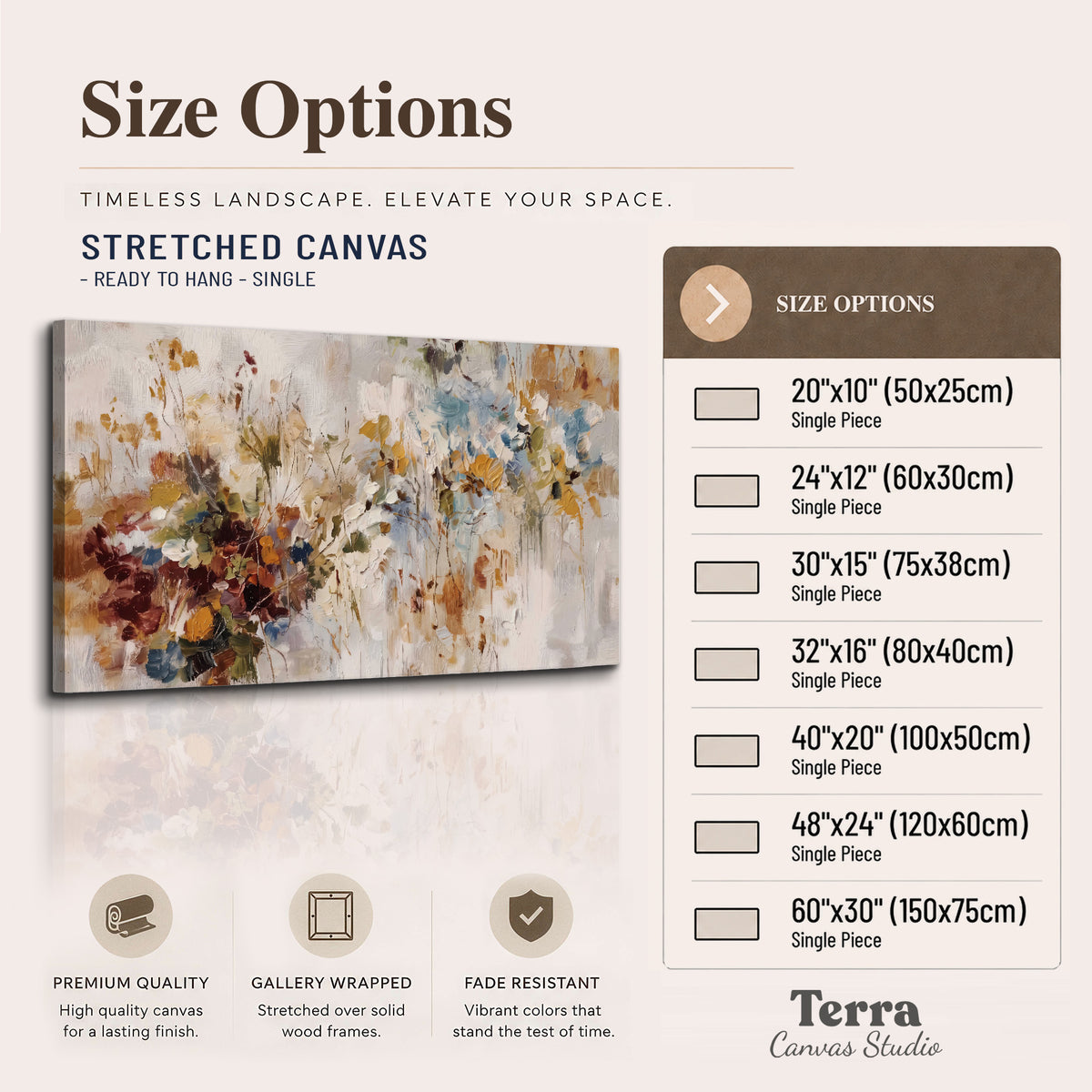 Loose cream, ochre and rust floral shapes with expressive painted-style marks single canvas wall art available dimensions