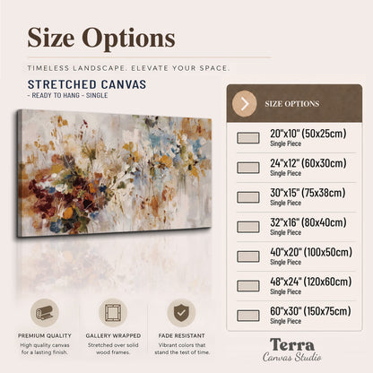 Loose cream, ochre and rust floral shapes with expressive painted-style marks single canvas wall art available dimensions
