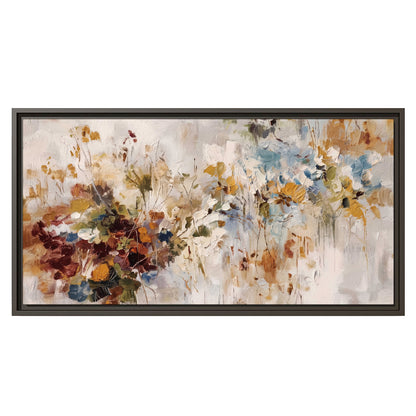 Loose cream, ochre and rust floral shapes with expressive painted-style marks single framed canvas wall art viewed straight on