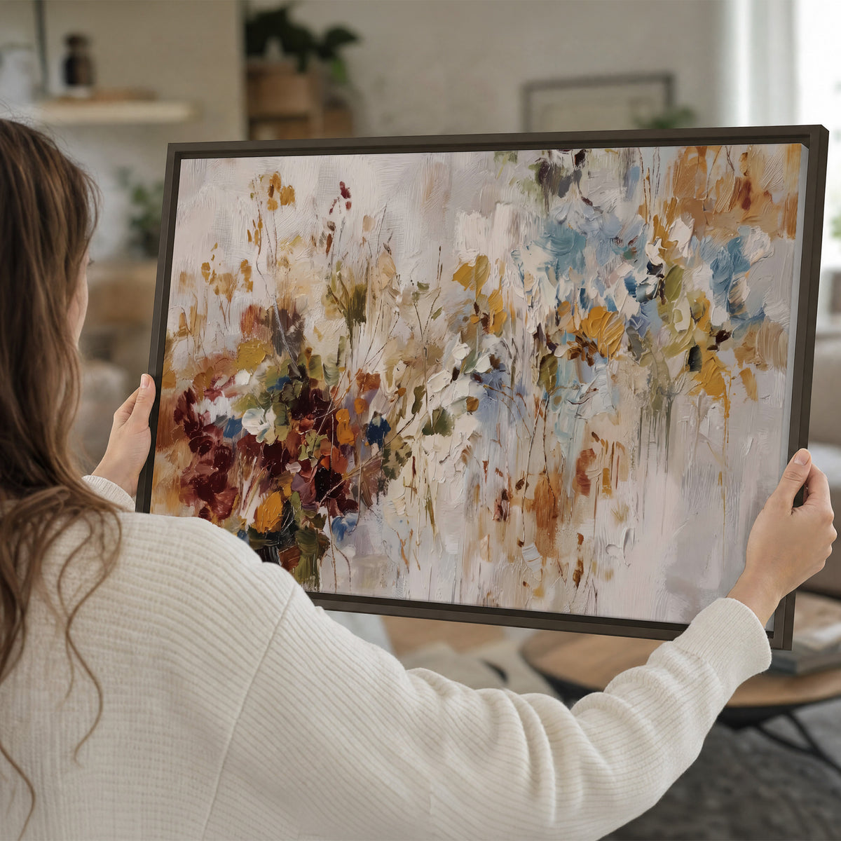 Loose cream, ochre and rust floral shapes with expressive painted-style marks single framed canvas wall art held in hands