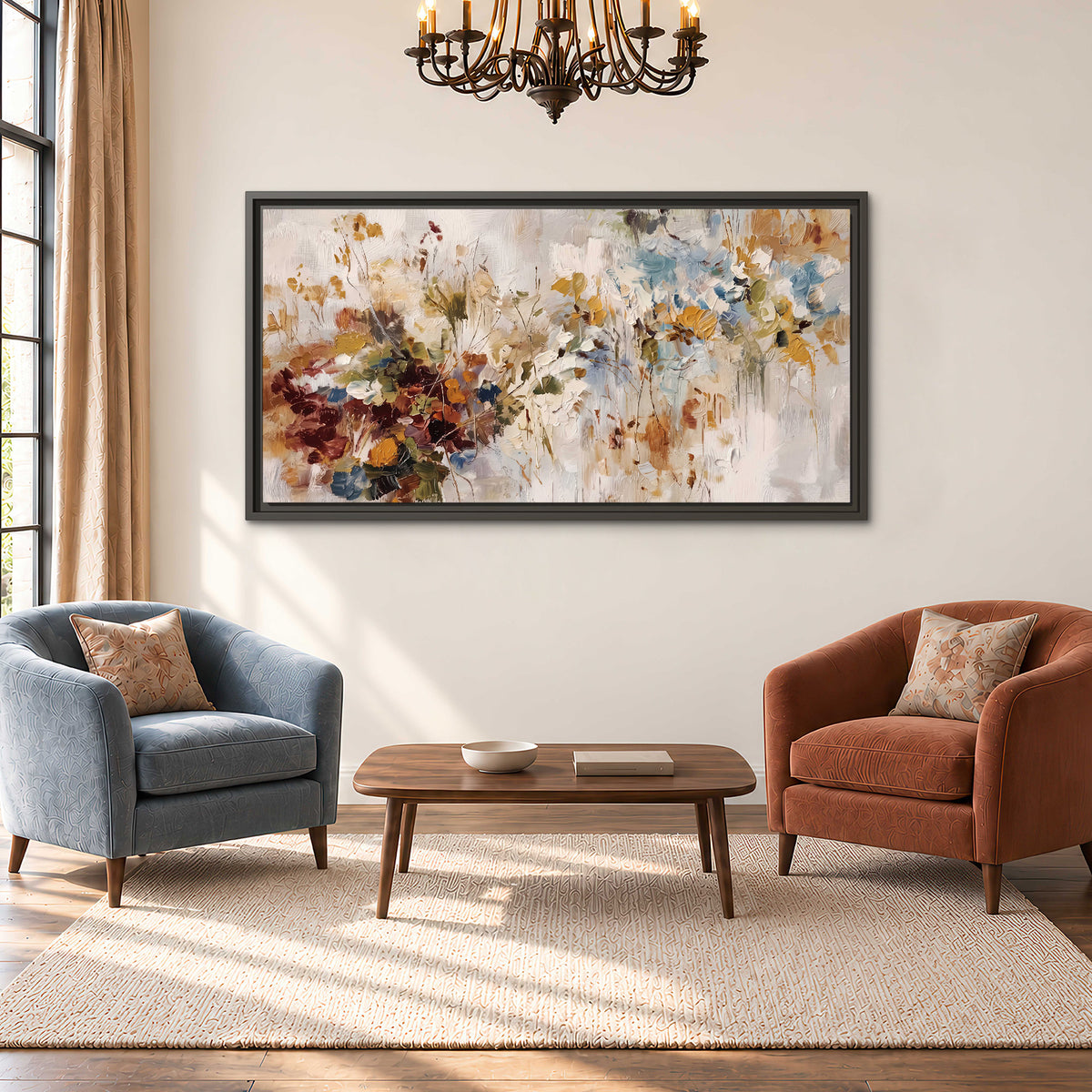 Loose cream, ochre and rust floral shapes with expressive painted-style marks single framed canvas wall art styled in an interior