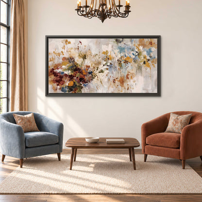 Loose cream, ochre and rust floral shapes with expressive painted-style marks single framed canvas wall art styled in an interior