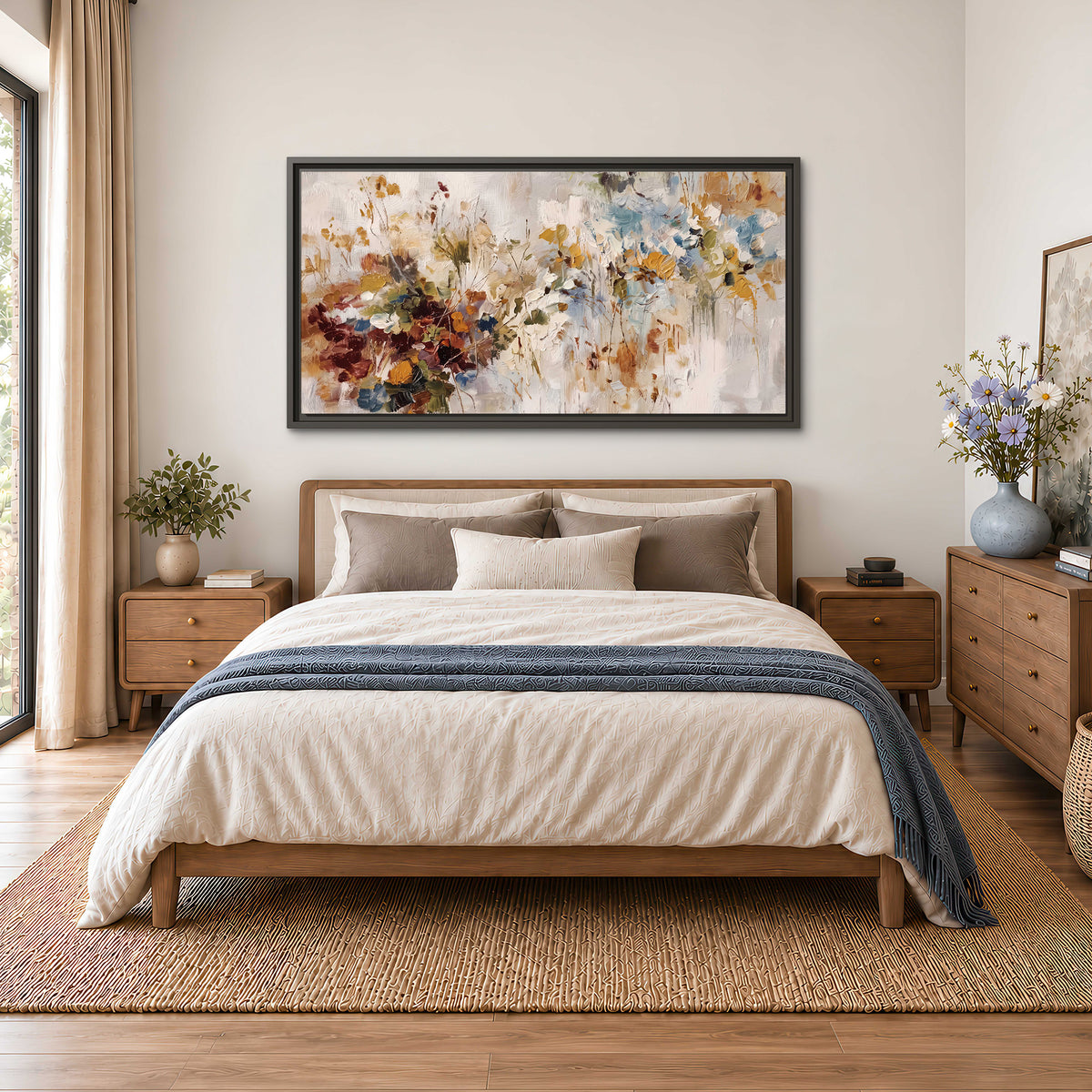 Loose cream, ochre and rust floral shapes with expressive painted-style marks single framed canvas wall art styled in an interior