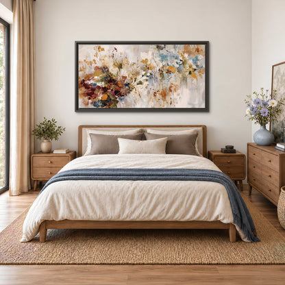 Loose cream, ochre and rust floral shapes with expressive painted-style marks single framed canvas wall art styled in an interior