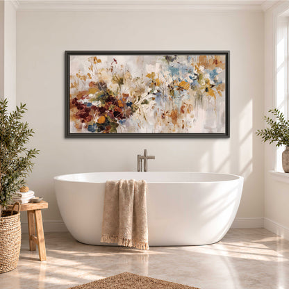Loose cream, ochre and rust floral shapes with expressive painted-style marks single framed canvas wall art styled in an interior