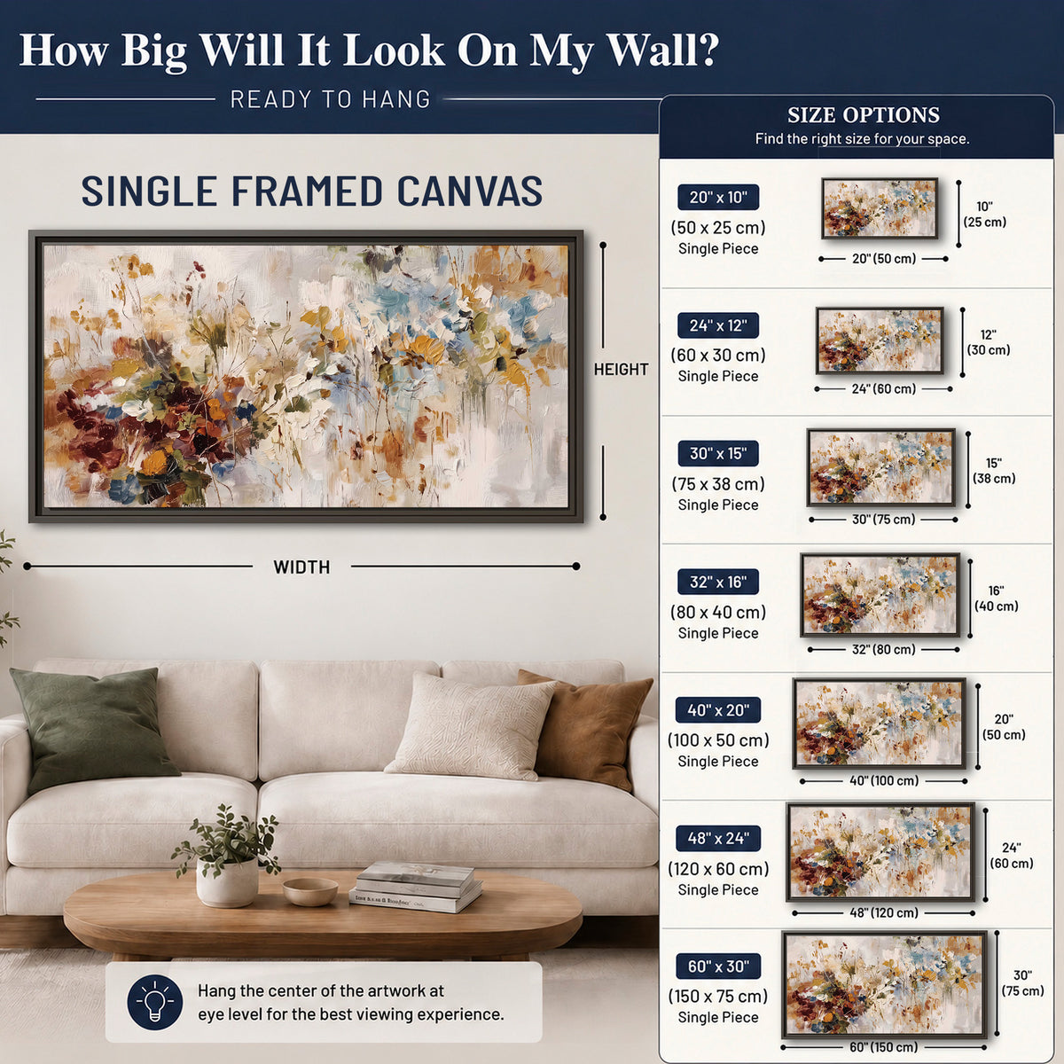Loose cream, ochre and rust floral shapes with expressive painted-style marks single framed canvas wall art size guide above a sofa; room view is illustrative