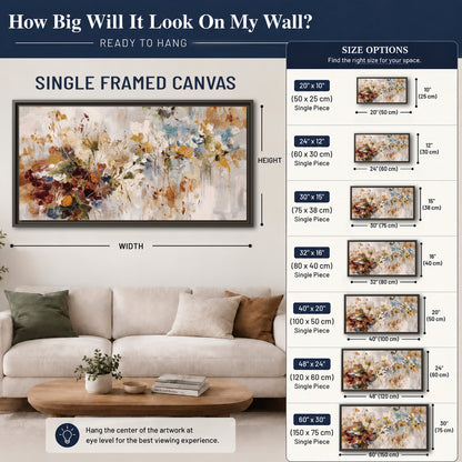 Loose cream, ochre and rust floral shapes with expressive painted-style marks single framed canvas wall art size guide above a sofa; room view is illustrative