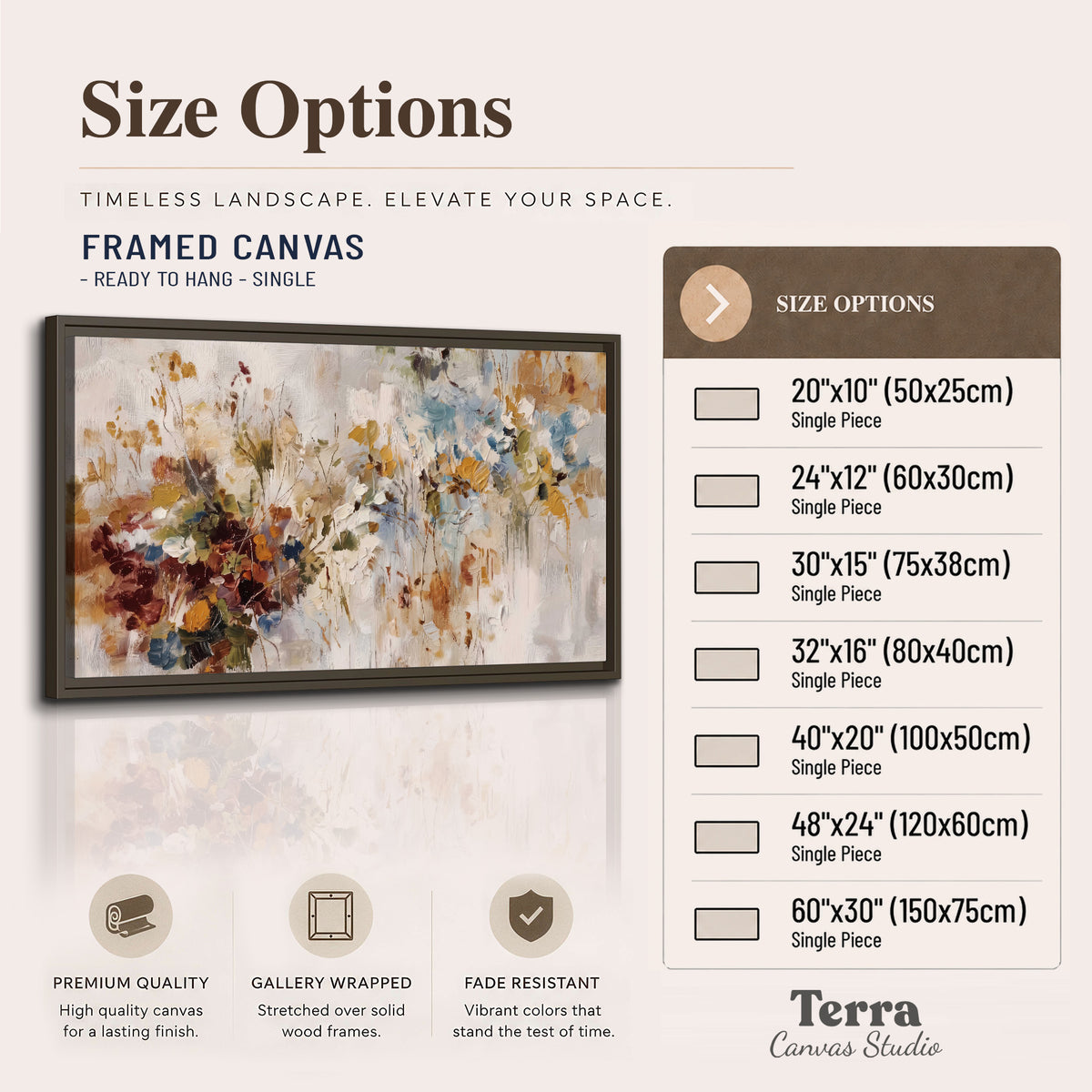 Loose cream, ochre and rust floral shapes with expressive painted-style marks single framed canvas wall art available dimensions