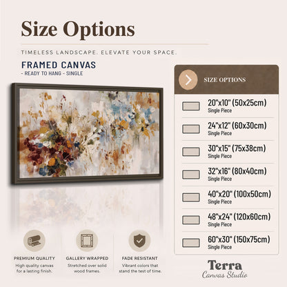 Loose cream, ochre and rust floral shapes with expressive painted-style marks single framed canvas wall art available dimensions