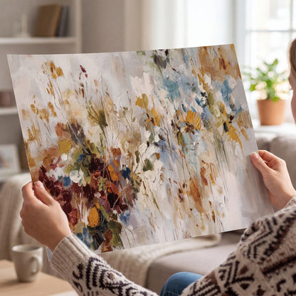 Loose cream, ochre and rust floral shapes with expressive painted-style marks single poster print held in hands