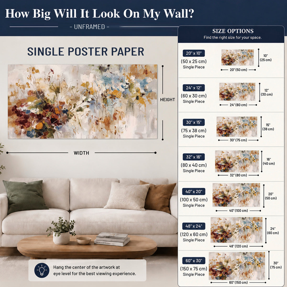 Loose cream, ochre and rust floral shapes with expressive painted-style marks single poster print size guide above a sofa; room view is illustrative